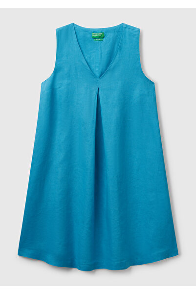 United Colors of Benetton Rochie scurtă de damă, albastră, 100% in, cu fermoar lateral, cu decolteu în V