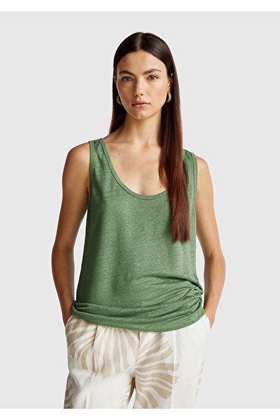 United Colors of Benetton Kadın Açık Yeşil %100 Keten Yanları Yırtmaçlı Regular Fit Yuvarlak Yaka Atlet