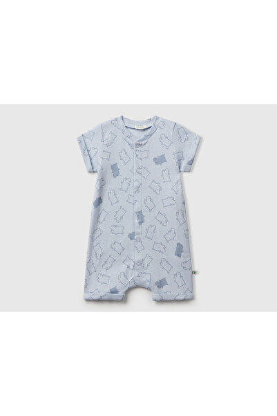 United Colors of Benetton Baby Dust Blue Patterned Short Sleeve Jumpsuit with Snap Fasteners on the Front