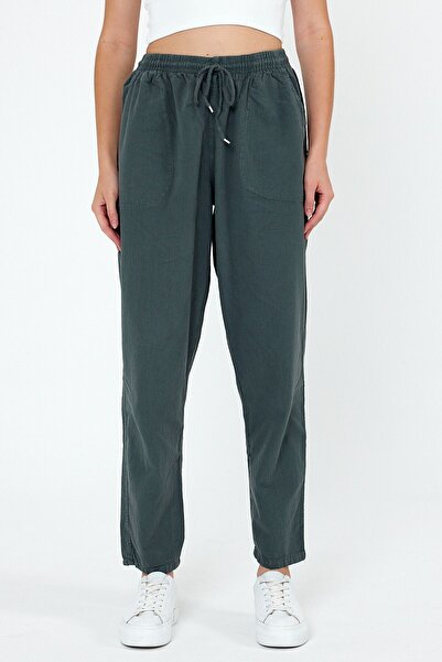 COMBİNE MİCHAİL Тъмнозелен ленен панталон с висока талия и еластична талия