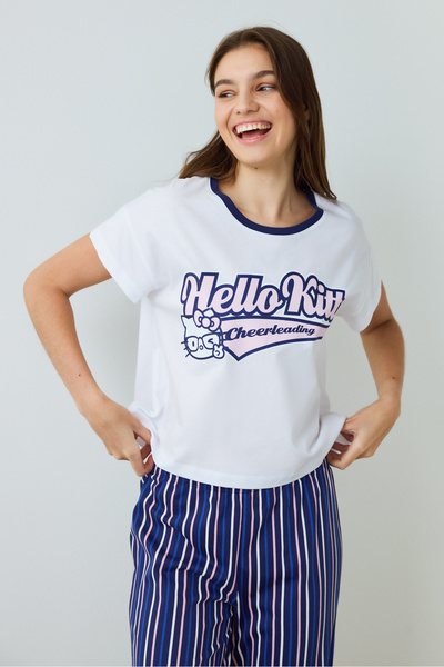 Penti Optical White Hello Kitty Striped Short Sleeve Crew Neck Pajama Set