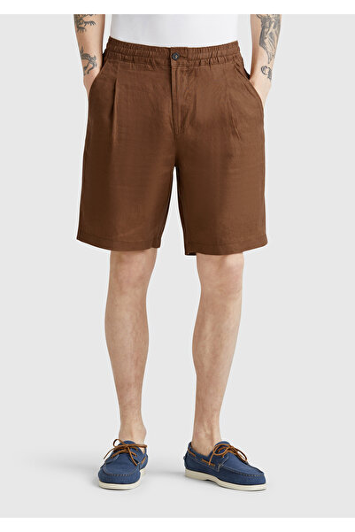 United Colors of Benetton Men's Brown 100% Linen Drawstring Buttoned Bermuda Shorts with Pleat Detail