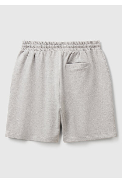 United Colors of Benetton Men's Gray Melange 100% Cotton Logo Detailed Drawstring Bermuda Shorts