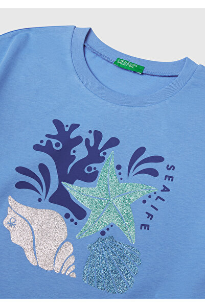 United Colors of Benetton Kız Çocuk Mavi Parlak Baskılı Bisiklet Yaka T-Shirt