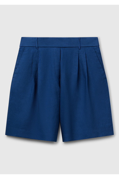 United Colors of Benetton Kadın Denim %100 Keten Arka Beli Lastikli Pileli Relax Fit Bermuda Şort
