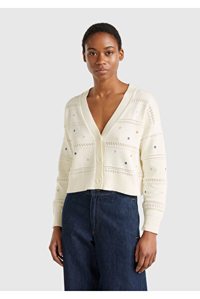 United Colors of Benetton Women's Cream 100% Cotton Floral Embroidered Rib Detailed Off-Shoulder Cardigan