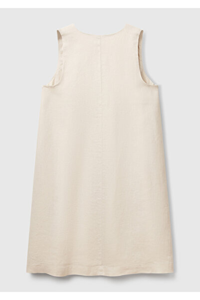 United Colors of Benetton Women's Stone Color 100% Linen Side Zipper A-Line V-Neck Short Dress