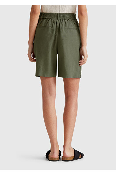 United Colors of Benetton Women's Khaki 100% Linen Back Waist Elastic Pleated Relax Fit Bermuda Shorts