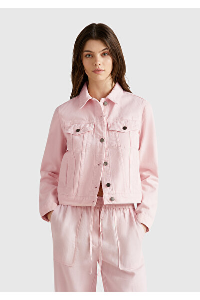 United Colors of Benetton Women's Pink 100% Cotton Straight Fit Denim Jacket with Side Pockets