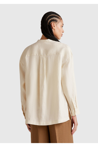 United Colors of Benetton Γυναικείο πουκάμισο με γιακά μανταρίνι με μπροστινή τσέπη 100% λινό