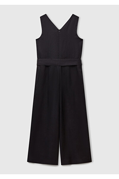 United Colors of Benetton Women's Black 100% Linen Belted Size Fitting Wide Leg V-Neck Jumpsuit