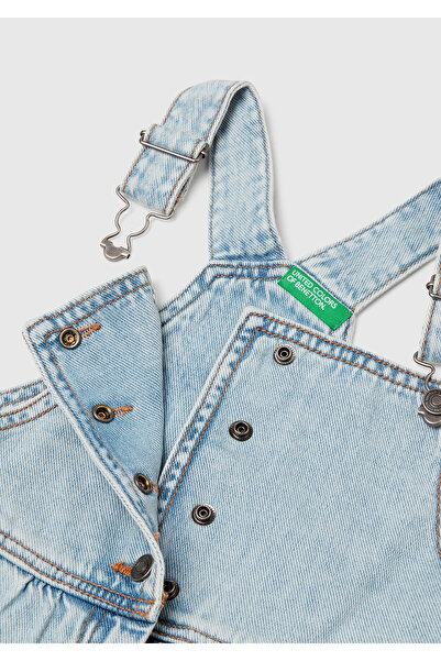 United Colors of Benetton Girl's Light Denim Stone Washed Pleated Adjustable Strap Denim Salopet