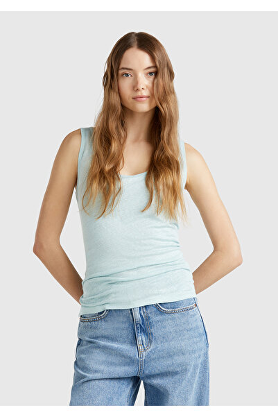 United Colors of Benetton قميص داخلي نسائي ذو لون أخضر مائي 100% كتان بفتحات ...