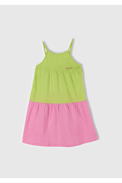 United Colors of Benetton Kız Çocuk Lime Çift Renkli Pileli Askılı Midi Elbise