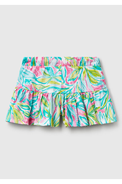United Colors of Benetton Girl's Green Patterned Drawstring Hem Pleated Shorts