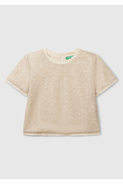 United Colors of Benetton Bluză cu mânecă scurtă pentru fete, cu paiete, căpt...