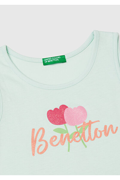 United Colors of Benetton Girl's Aqua Green Glittered Benetton Logo Printed Tank Top