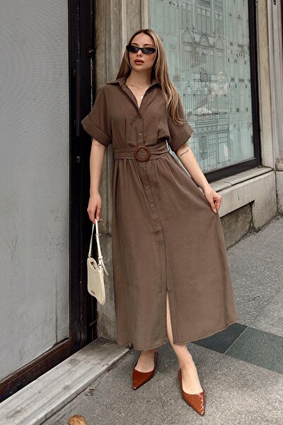 Olcay Beli Büzgülü Kemer Detaylı Modal Elbise KAHVE 9307-E