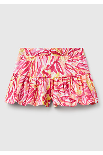 United Colors of Benetton Girl's Orange Patterned Drawstring Hem Pleated Shorts