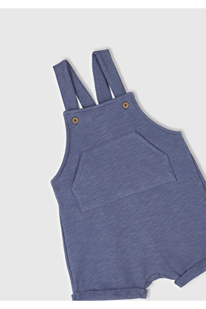 United Colors of Benetton Baby Aviator Blue Curled Short Jumpsuit with Logo Detail on the Back and Pouch Pocket