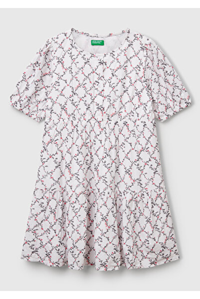 United Colors of Benetton Κοριτσίστικο φόρεμα με κοντό μανίκι με πλισέ με κουμπιά με παχύρρευστο σχέδιο