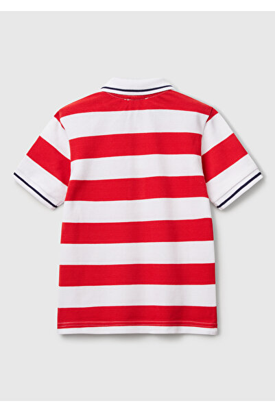 United Colors of Benetton Erkek Çocuk Kırmızı Çizgili Logo İşlemeli Polo T-Shirt