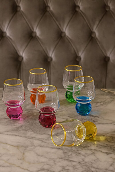 YzHome 6 Kişilik Cam Elmas Ayaklı Renkli Yaldızlı Kahve Yanı Bardağı Bardak 50ml