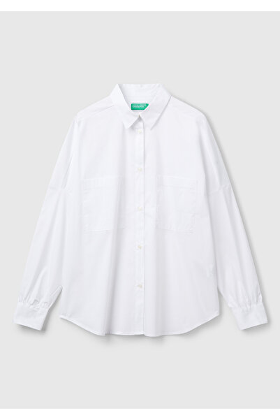 United Colors of Benetton Cămașă oversize pentru femei, albă, din amestec de bumbac, cu mâneci cu șnur