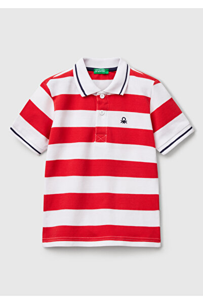 United Colors of Benetton Erkek Çocuk Kırmızı Çizgili Logo İşlemeli Polo T-Shirt