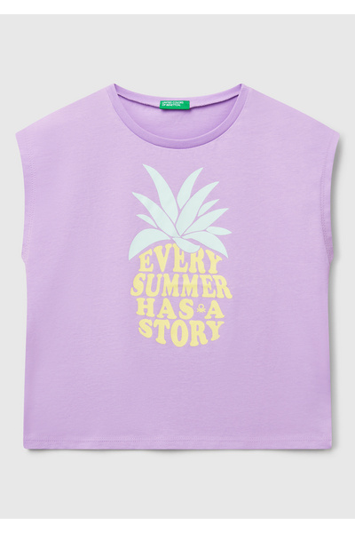 United Colors of Benetton Tricou cu mânecă scurtă cu imprimeu liliac pentru fete