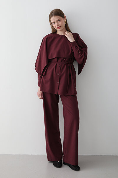 JASTE Women's Cape Detailed Lace-Up Tunic & Elastic Waist Pants Set