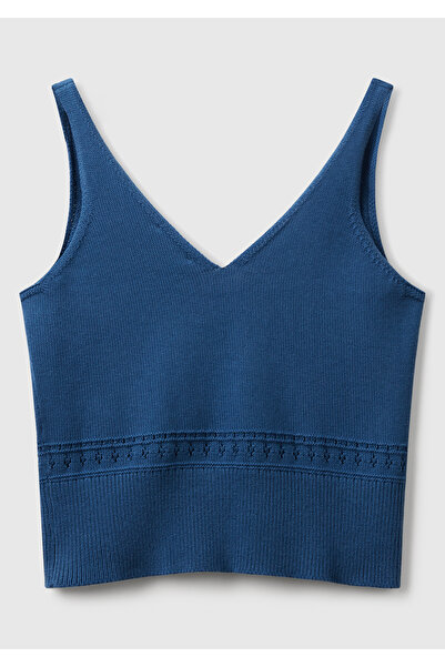 United Colors of Benetton Women's Denim 100% Cotton Floral Embroidered Chest Gathered Regular Fit Knitwear Undershirt