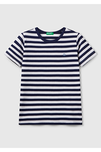 United Colors of Benetton Tricou pentru băiat, albastru închis, cu dungi în f...