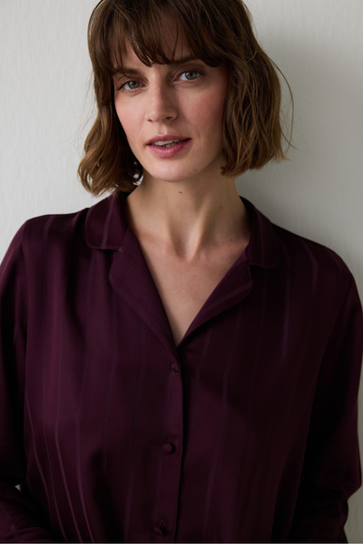 Penti Burgundy Striped Satin Shirt Collar Pajama Set