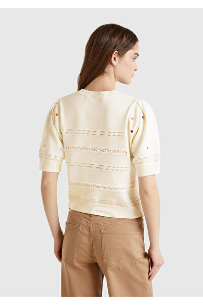 United Colors of Benetton Kadın Krem %100 Pamuk Desenli Yarım Kol Regular Fit Bisiklet Yaka Kazak