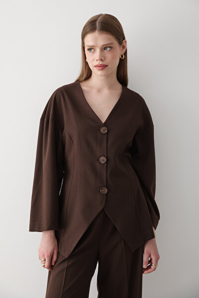 JASTE Women's Bitter Coffee V-Neck Button Jacket & Elastic Waist Pants Bottom & Top Set