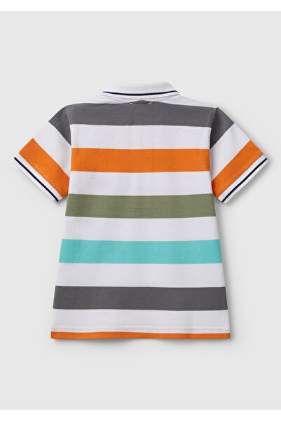 United Colors of Benetton Erkek Çocuk Turuncu Mix Çizgili Logo İşlemeli Polo T-Shirt