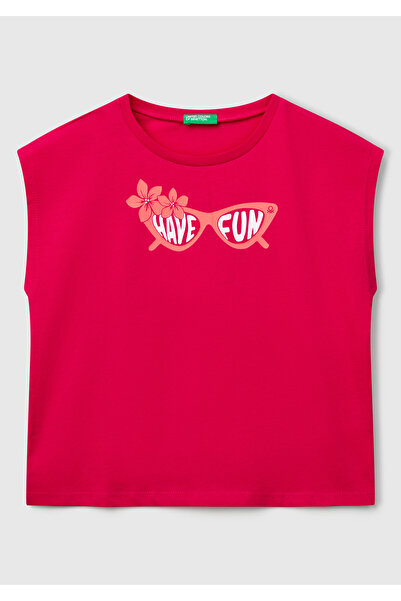United Colors of Benetton Κοριτσίστικο κοντομάνικο μπλουζάκι με γραφικό φούξι...
