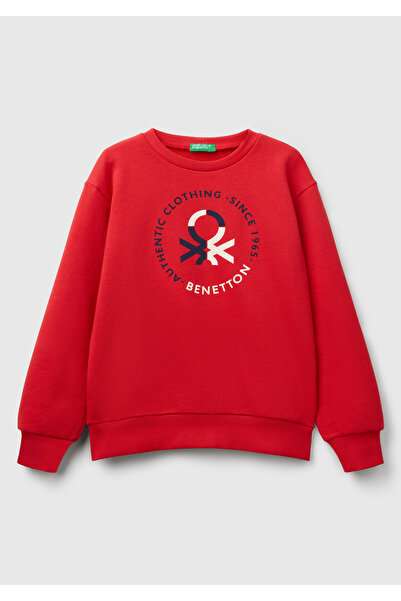United Colors of Benetton Boy's Red Benetton Logo Printed Crew Neck Sweatshirt