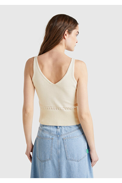 United Colors of Benetton Women's Cream 100% Cotton Floral Embroidered Gathered Chest Regular Fit Knitwear Undershirt