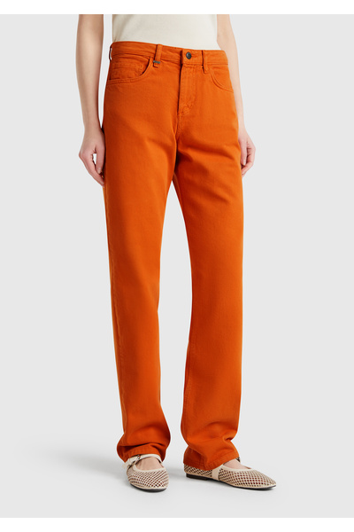 United Colors of Benetton Women's Orange 100% Cotton Regular Waist Regular Fit Denim Trousers