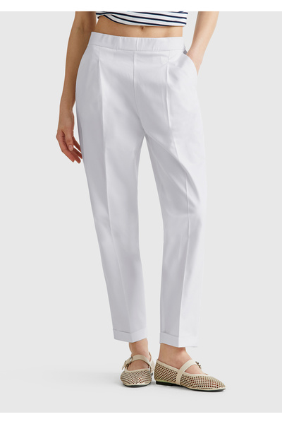 United Colors of Benetton Women's White Stretch Cotton Pants with Elasticized Back Waist Pockets