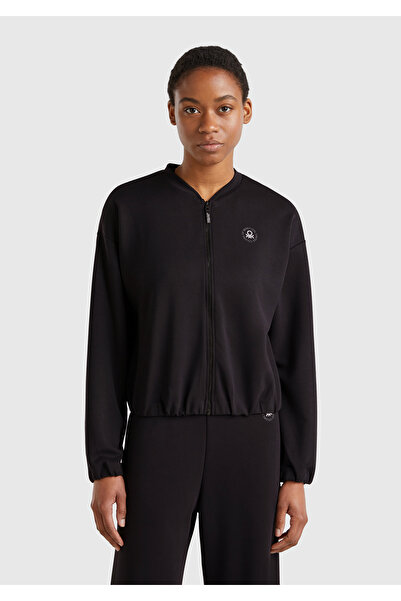 United Colors of Benetton Γυναικείο φούτερ με μαύρο λογότυπο με φερμουάρ και ...