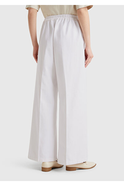 United Colors of Benetton Women's White 100% Cotton Palazzo Trousers with Elastic Back Waist
