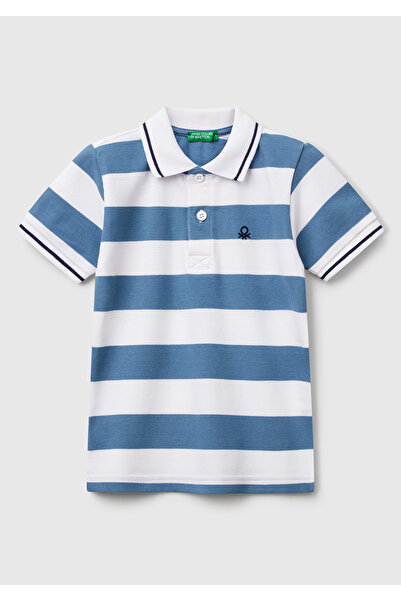 United Colors of Benetton Erkek Çocuk Mavi Mix Çizgili Logo İşlemeli Polo T-Shirt