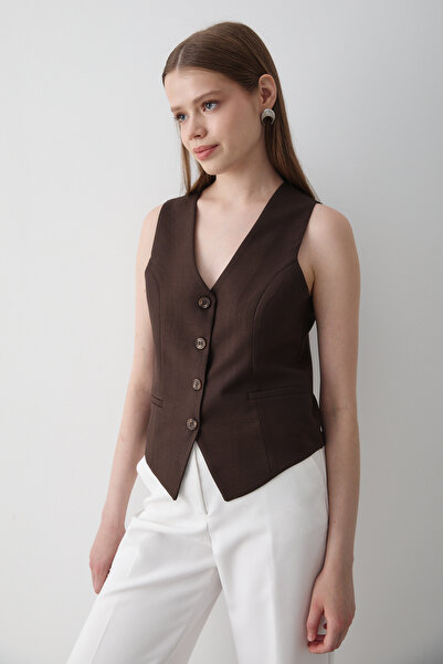 JASTE Women's Bitter Coffee Lined Button Detailed Vest