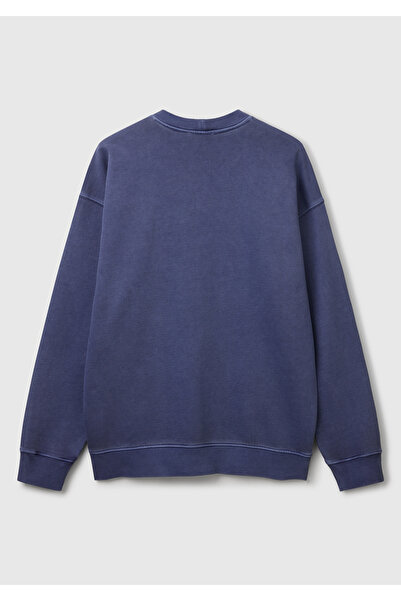 United Colors of Benetton Erkek İndigo Pamuklu Logo Etiketi Detaylı Bisiklet Yaka Sweatshirt