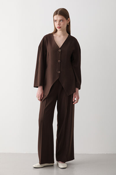 JASTE Women's Bitter Coffee V-Neck Button Jacket & Elastic Waist Pants Bottom & Top Set
