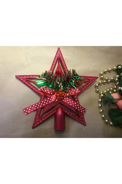 Deniz Party Store Yılbaşı Çam Ağacı Kırmızı Renk Yıldız Tepelik Fiyonklu 1 Adet 15 Cm Plastik