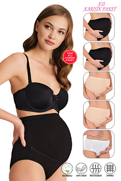 ÖZKAN underwear Özkan 23582 5 Pack Women 2 Black 2 Skin 1 White Mixed Color Cotton Lycra Single Jersey Pregnant Maternity